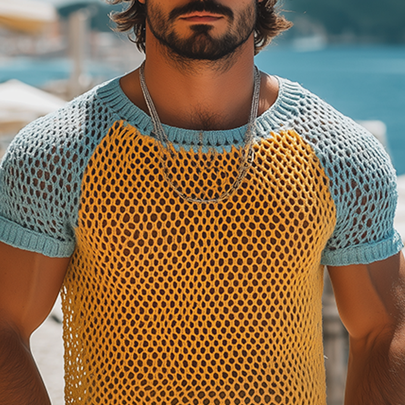 Men's Fashion Casual Hollow Contrast Color Stitching Knitted Round Neck Short-sleeved T-shirt DTT25062606