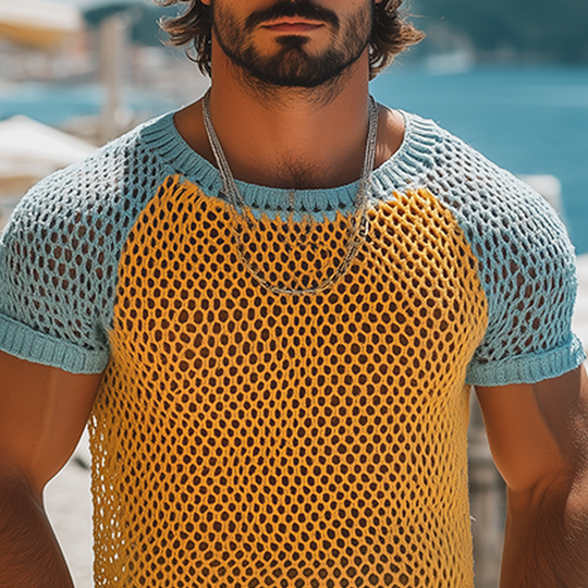 Men's Fashion Casual Hollow Contrast Color Stitching Knitted Round Neck Short-sleeved T-shirt DTT25062606