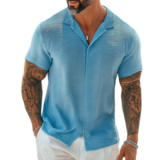 Men's Solid Wave Textured Lapel Single Breasted Short Sleeve Shirt DTT25062419