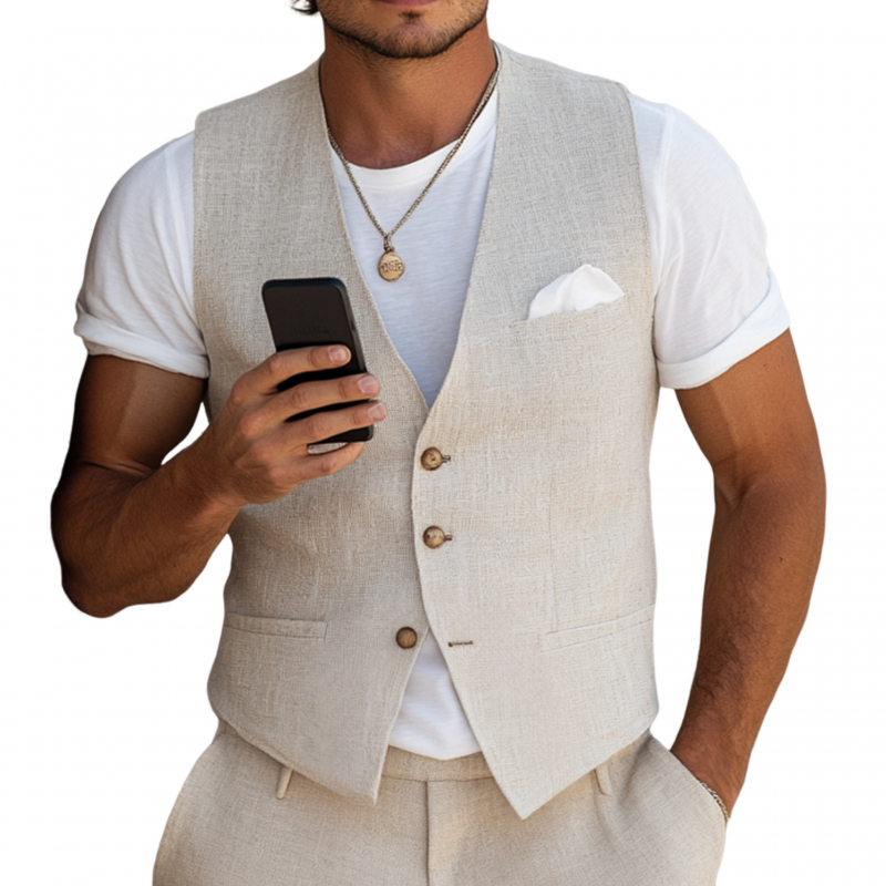 Men's Casual Breathable Linen V-neck Single-breasted Slim-fit Suit Vest DTT25072810