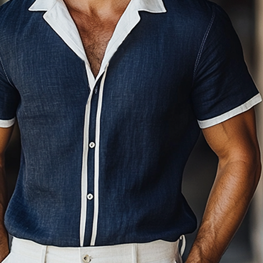 Men's Colorblock Lapel Single Breasted Short Sleeve Shirt DTT25061320