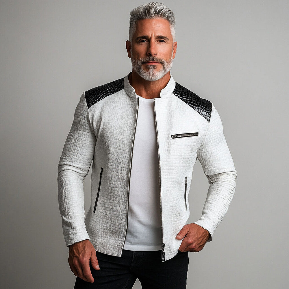 Men's Stand Collar Contrast Color PU Leather Crocodile Zipper Jacket 9903588081848