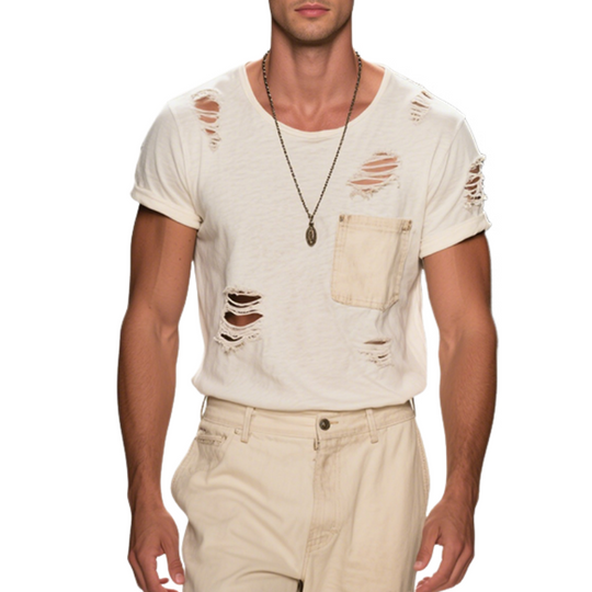 Men's Retro Casual Cotton Distressed Round Neck Short Sleeve T-Shirt DTT25060320