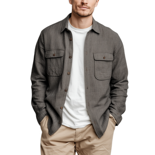 Men's Classic Casual Cotton And Linen Blended Color Textured Pocket Long Sleeve Shirt DTT25080113