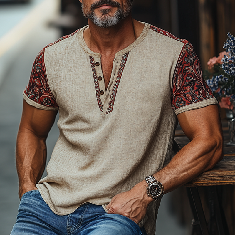 Men's Summer Fashion Casual Tough Guy Henley Collar Embroidered Sleeves Printed Cotton And Linen Short-sleeved T-shirt DTT25060504