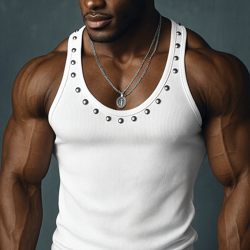 Men's Rivet Solid Striped U Neck Sleeveless Tank Top DTT25072211