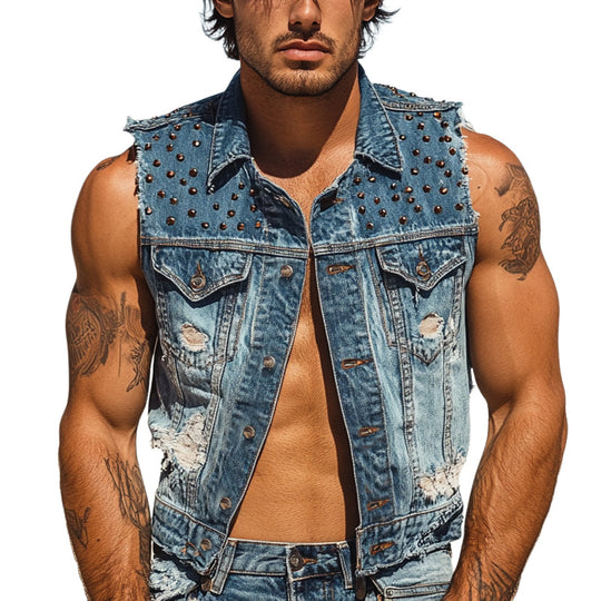 Men's Rivet Lapel Denim Single Breasted Vest DDT25052816