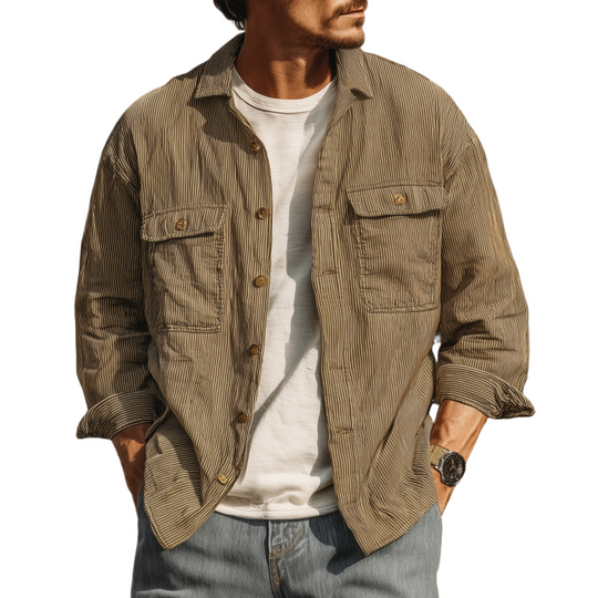 Men's Casual Breathable Cotton Striped Lapel Chest Pocket Loose Long Sleeve Shirt DTT25072418