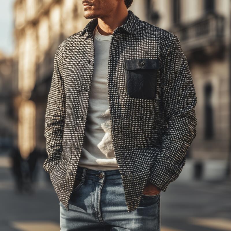 Men's Vintage Houndstooth Lapel PU Chest Pocket Loose Long Sleeve Shirt Jacket DTT25082717