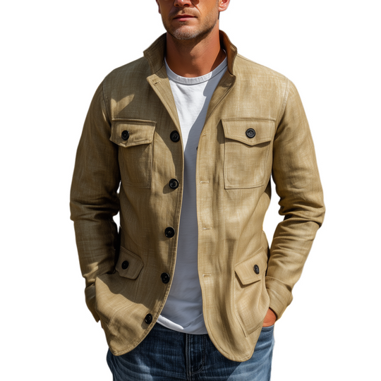 Men's Classic Casual Stand-up Collar Multi-pocket Cotton And Linen Blend Thin Jacket DTT25080419