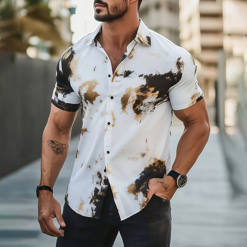 Men's Graffiti Print Lapel Short Sleeve Shirt DTT25070203