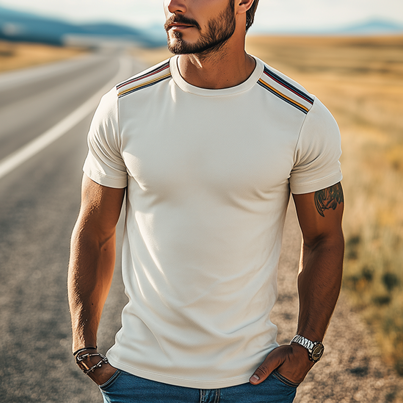 Men's Spring And Summer Fashion Casual Thin Suede Shoulder Stitching Webbing Slim Short-sleeved T-shirt DTT25062515