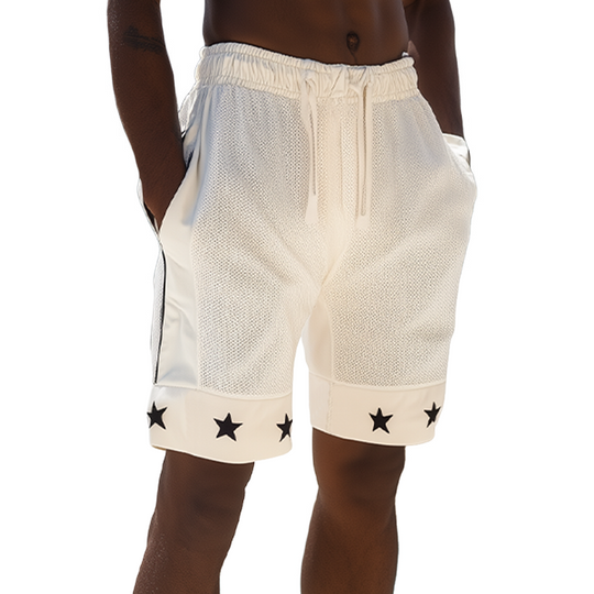 Men's Spring And Summer Fashion Casual Breathable Mesh Fabric Splicing Cotton Blend Hem Print Elastic Waist Shorts DTT25062608