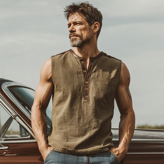Men's Classic Casual Linen Stitching PU Leather Henley Collar Tank Top DTT25070402