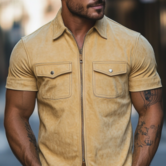 Men's Classic Casual Slim Lapel Multi-Pocket Suede Short Sleeve Shirt 9903595225272