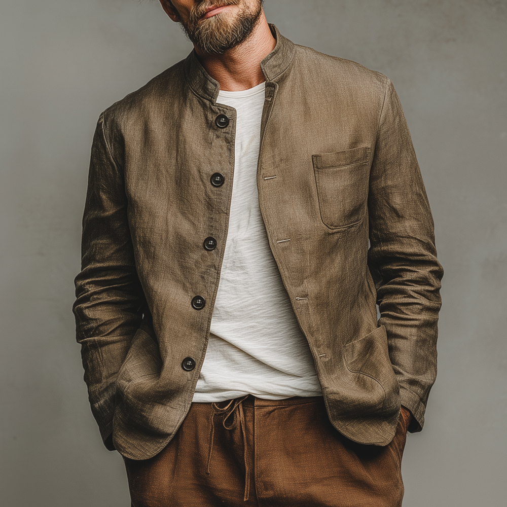 Men's Classic Casual Stand-up Collar Cotton And Linen Multi-pocket Thin Jacket DTT25073015