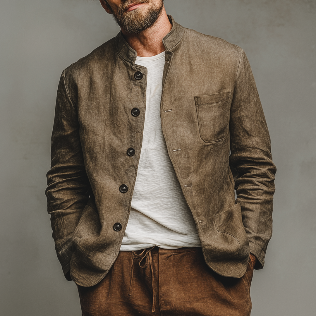 Men's Classic Casual Stand-up Collar Cotton And Linen Multi-pocket Thin Jacket DTT25073015