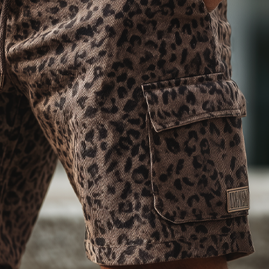 Men's Fashion Twill Leopard Print Elastic Lace-Up Shorts DTT25071607
