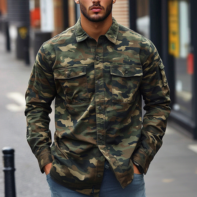 Men's Camouflage Print Multi-pocket Long Sleeve Shirt DTT25072813