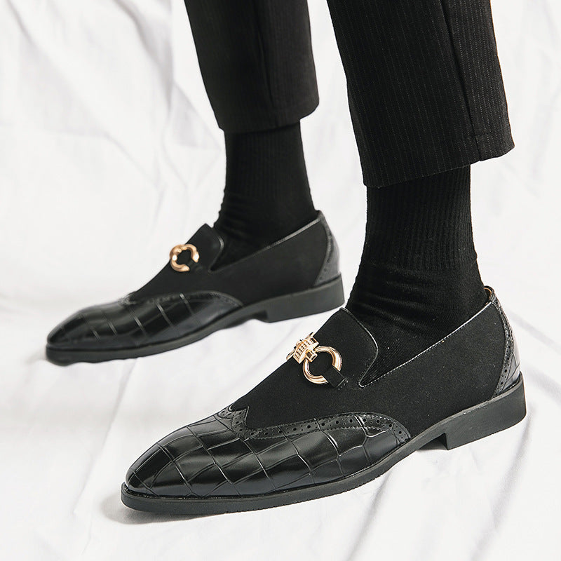 Men's Plaid Leather Patchwork Buckle Decor Slip On Pointed Toe Loafers Shoes 9888556187832