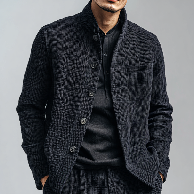 Men's Solid Textured Stand Collar Single Breasted Casual Jacket DTT25082517