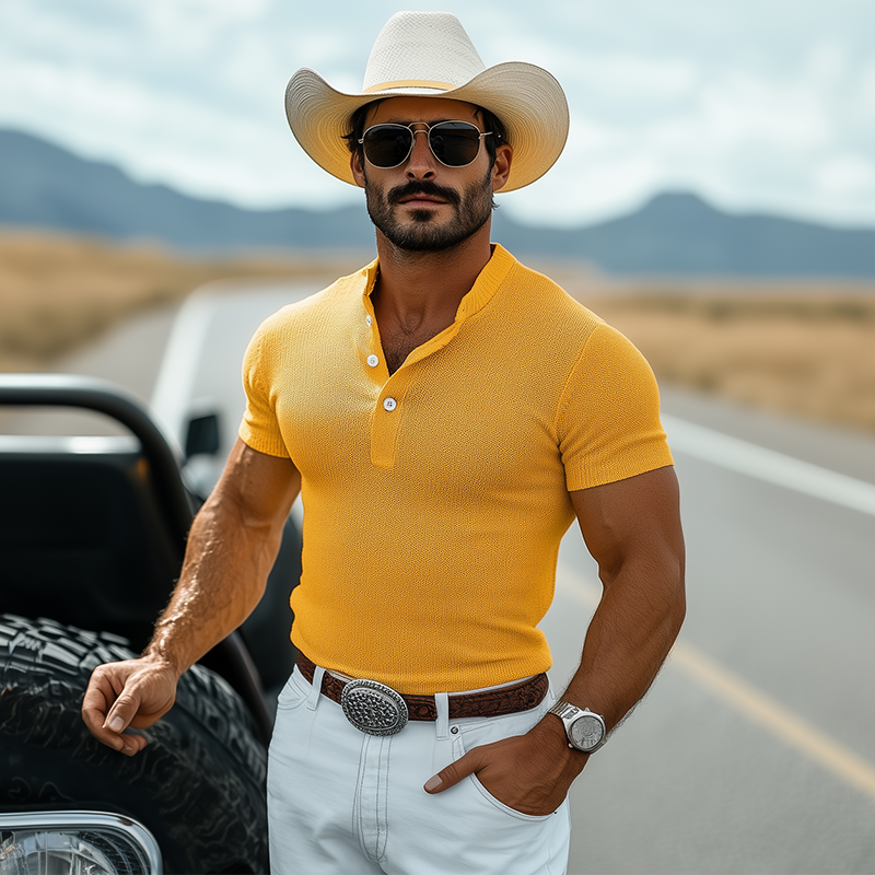 Men's Spring And Summer Fashion Casual Western Style Henley Collar Slim Fit Knit Short Sleeve T-Shirt DTT25060623