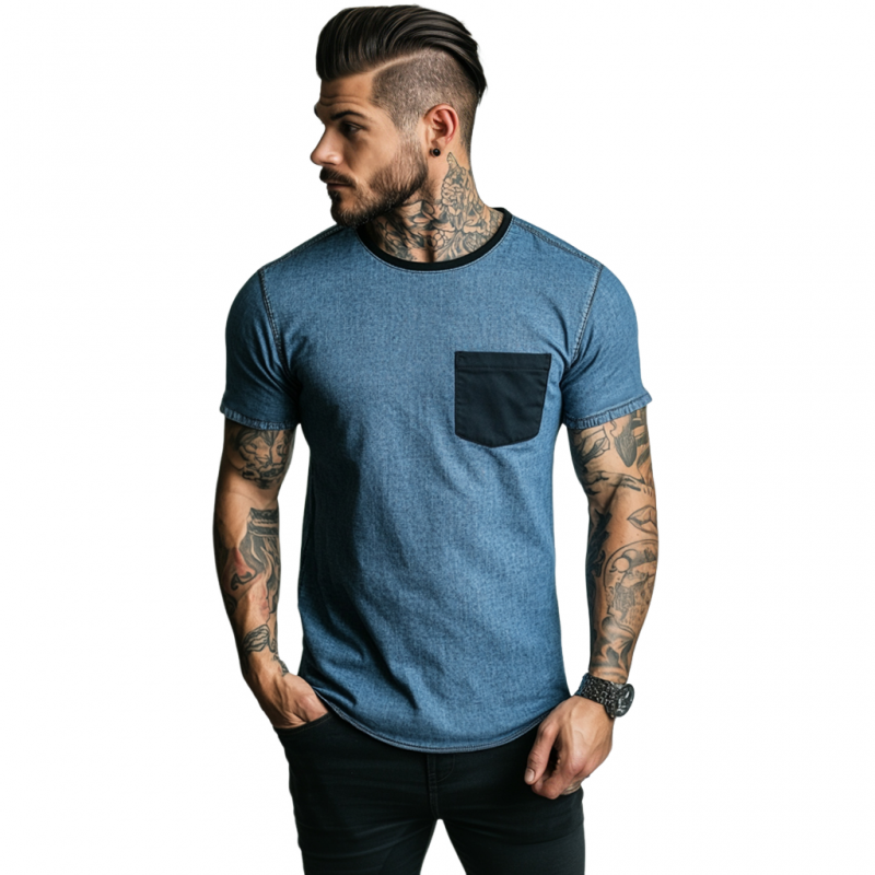Men's Casual Washed Distressed Round Neck Patch Pocket Slim Fit Contrast Color Denim Short-sleeved T-shirt DTT25060616