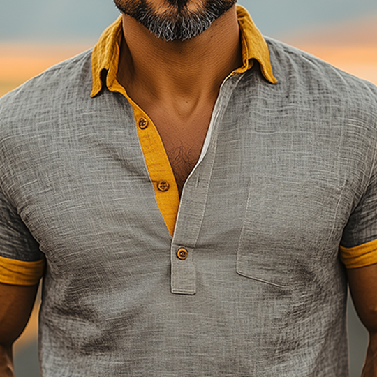 Men's Classic Casual American Retro Tough Style Cotton And Linen Contrast Color Stitching Short-sleeved Polo Shirt DDT25052817