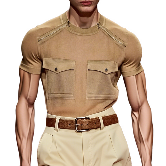 Men's Solid Zip Decor Round Neck Chest Pocket Short Sleeve T-shirt DTT25062405