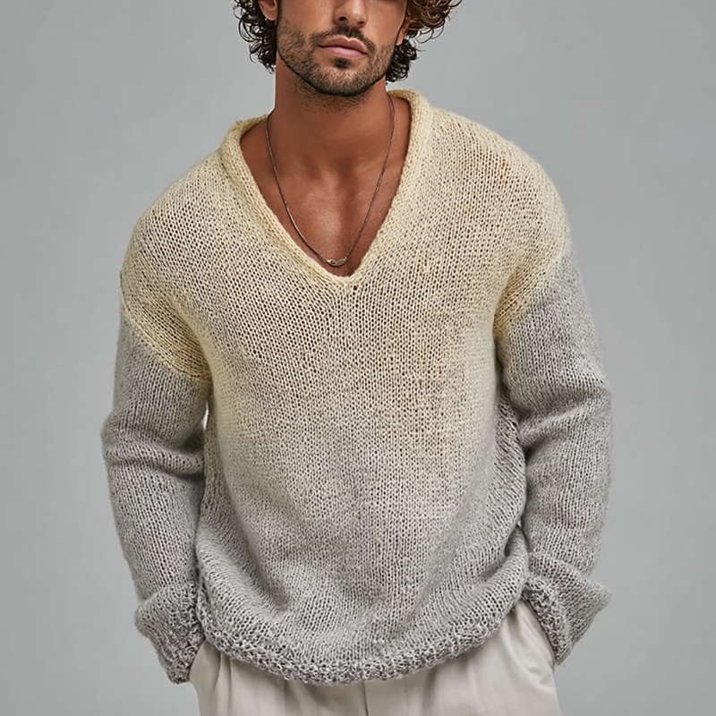 Men's Fashion Gradient V Neck Long Sleeve Loose Sweater DTT25082814