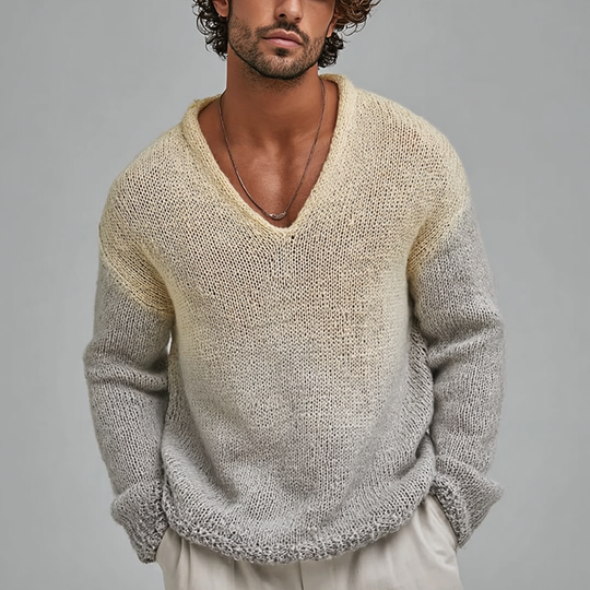 Men's Fashion Gradient V Neck Long Sleeve Loose Sweater DTT25082814