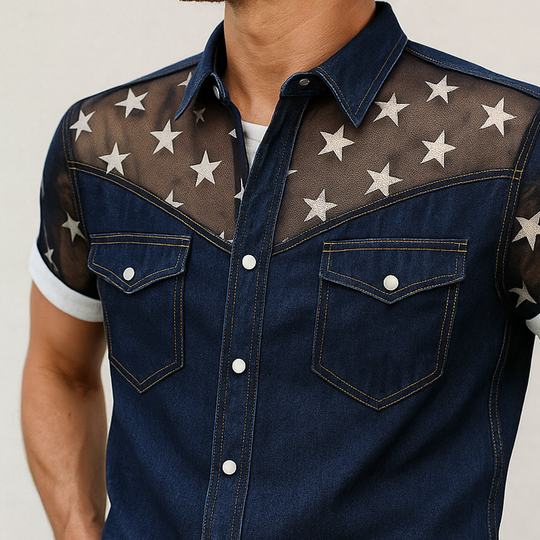 Men's Star Mesh Stitching Short Sleeve Chest Pocket Denim Jacket DTT25071610