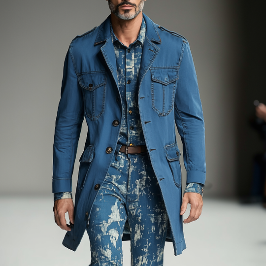 Men's Vintage Washed Navy Style Mid-Length Denim Trench Coat DTT25080110