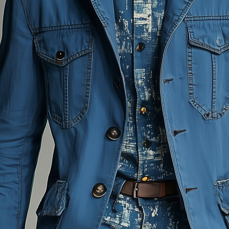 Men's Vintage Washed Navy Style Mid-Length Denim Trench Coat DTT25080110