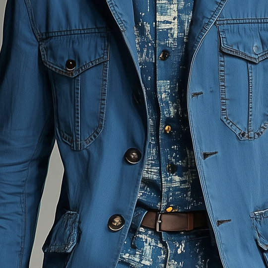 Men's Vintage Washed Navy Style Mid-Length Denim Trench Coat DTT25080110