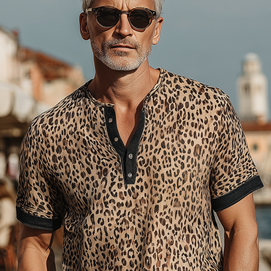 Men's Fashion Casual Cotton Blended Printed Leopard Stitching Henley Neck Short Sleeve T-Shirt DTT25071706