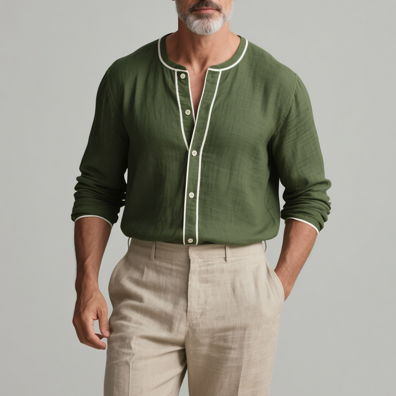 Men's White Trim Round Neck Long Sleeve Cotton And Linen Shirt DTT25072909