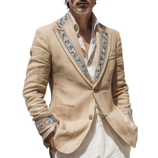 Men's Classic Vintage Collar And Cuff Embroidery Cotton And Linen Single-breasted Blazer DTT25071807
