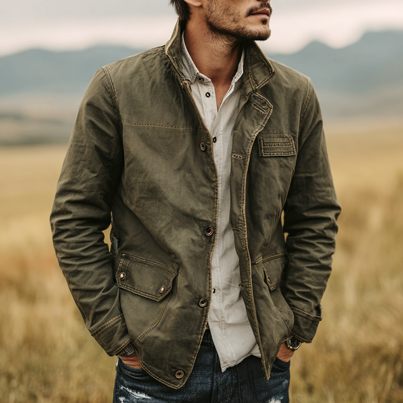 Men's Washed Cotton Stand Collar Multi-pocket Cargo Jacket DTT25090408
