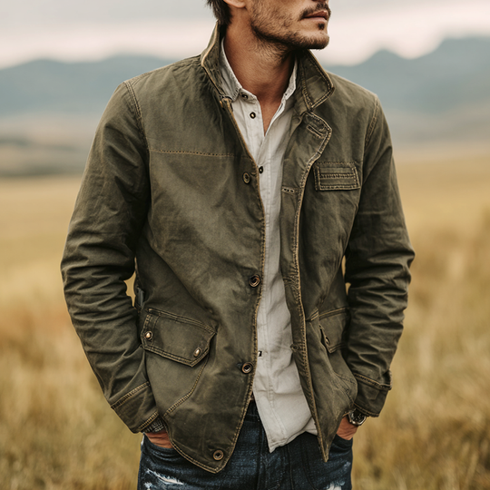 Men's Washed Cotton Stand Collar Multi-pocket Cargo Jacket DTT25090408