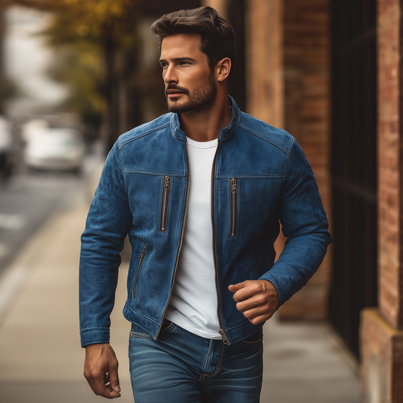 Men's Vintage Solid Suede Stand Collar Zipper Placket Slim Fit Multi-Pocket Jacket DTT25081207