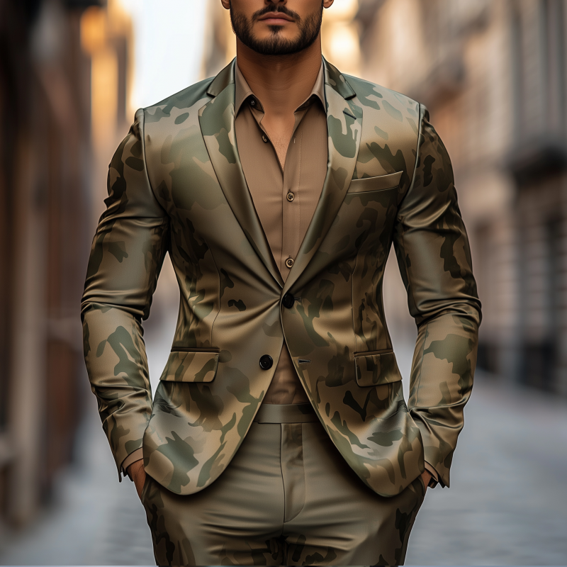 Men's Casual Camouflage Print Satin Notch Lapel Single Breasted Slim Fit Blazer DTT25080106