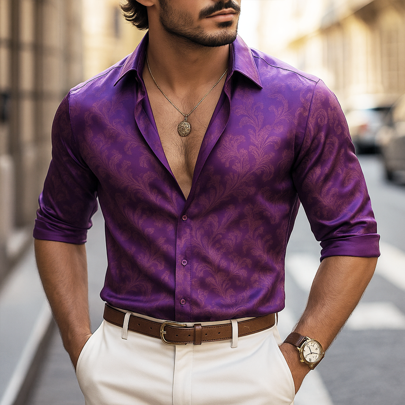 Men's Satin Print Lapel Long Sleeve Shirt DTT25062409