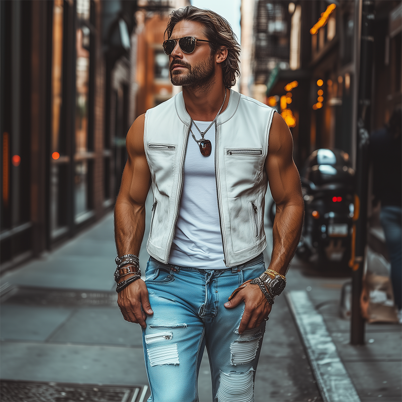 Men's Classic Vintage American Casual Multi-Pocket Leather Motorcycle Vest 9909010333880
