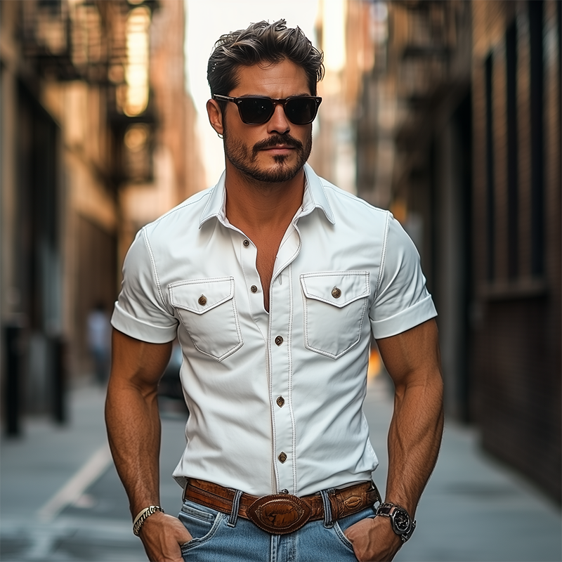 Men's Classic Vintage Slim Fit Leather Western Style Short Sleeve Shirt 9909010268344