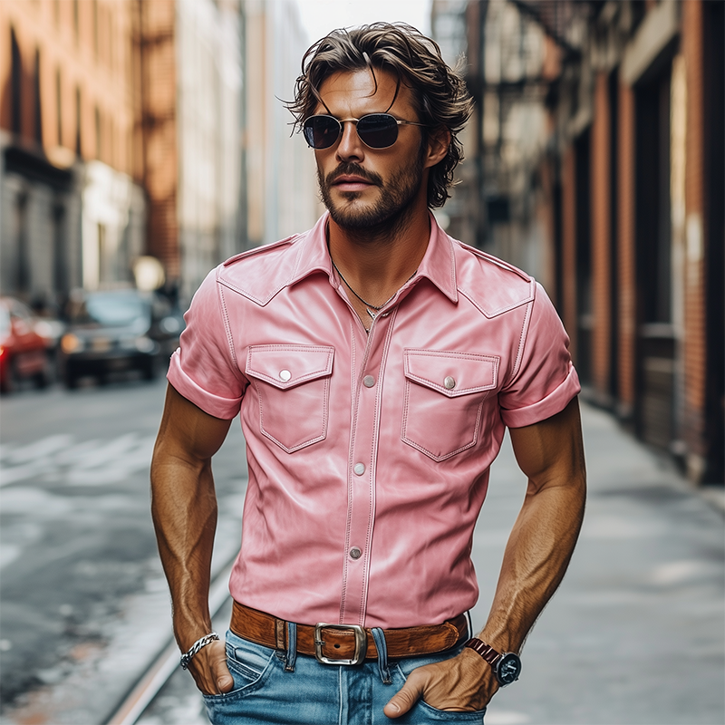 Men's Classic Vintage Slim Fit Solid Color Leather Western Style Short Sleeve Shirt 9909011841208
