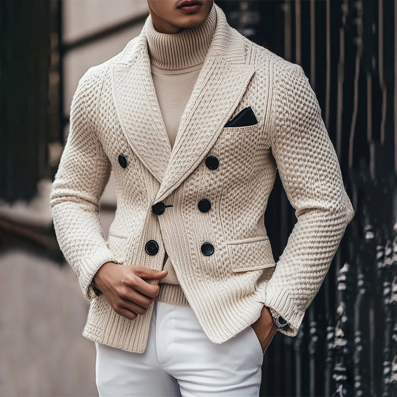 Men's Business 3 Pocket Lapel Vintage Double-breasted Knitted Blazer 9888735985848