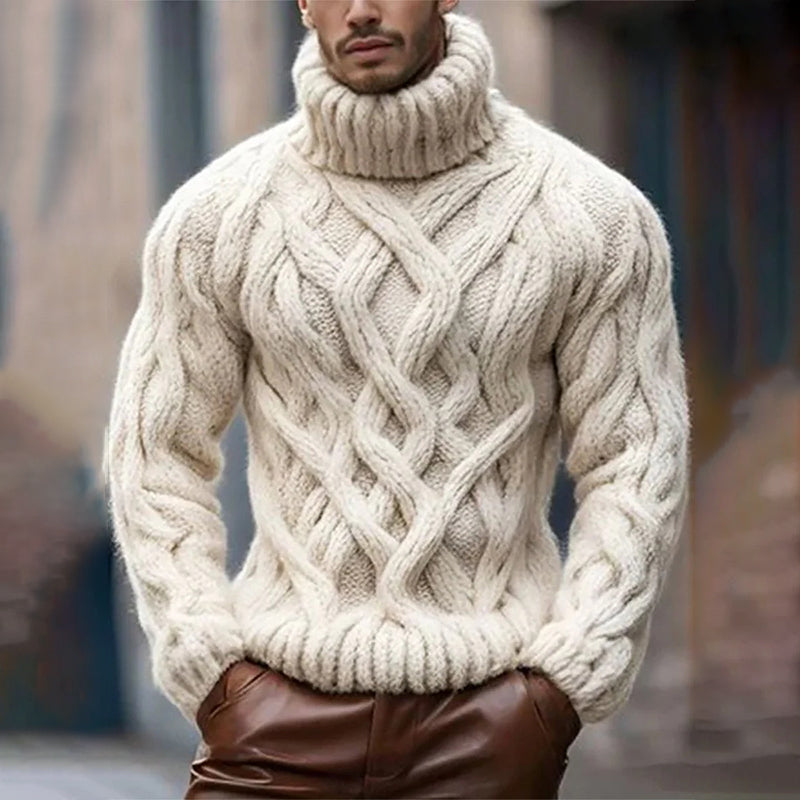 Men's Casual Solid Cable Knit Long Sleeve Turtleneck Sweater 9888735068344