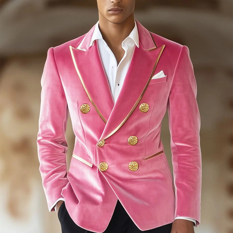 Men's Contrast Pink Velvet Double-Breasted Vintage Blazer 9888736346296