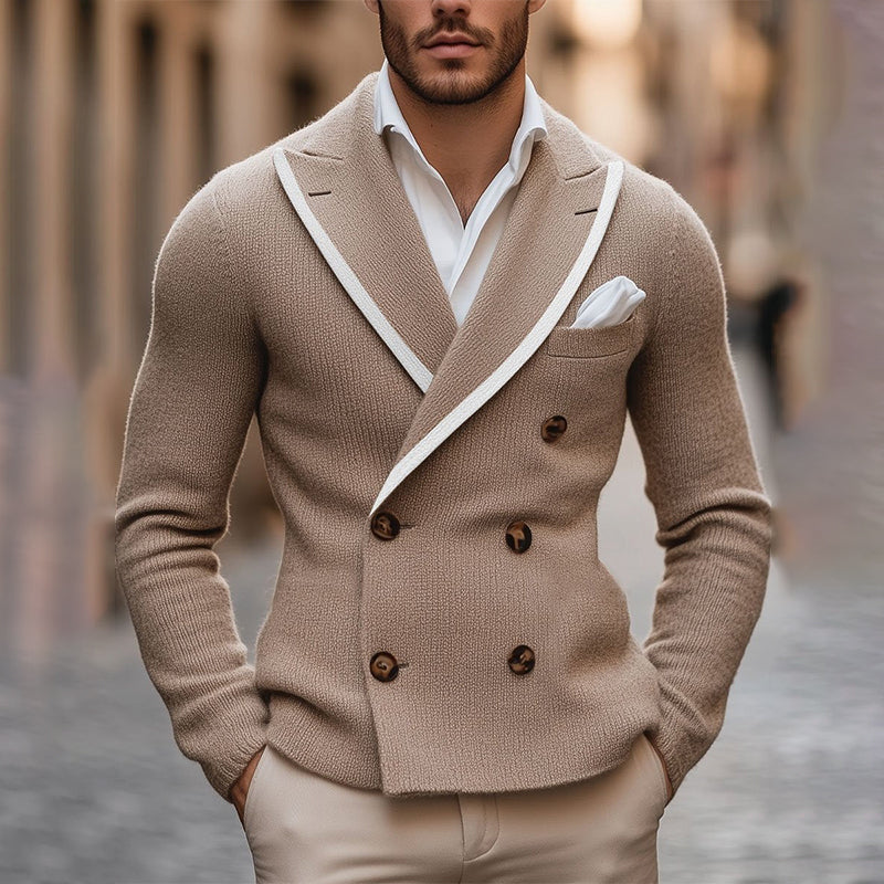 Men's Lapel Contrast Edge Double Breasted Elegant Knitted Blazer 9888736379064